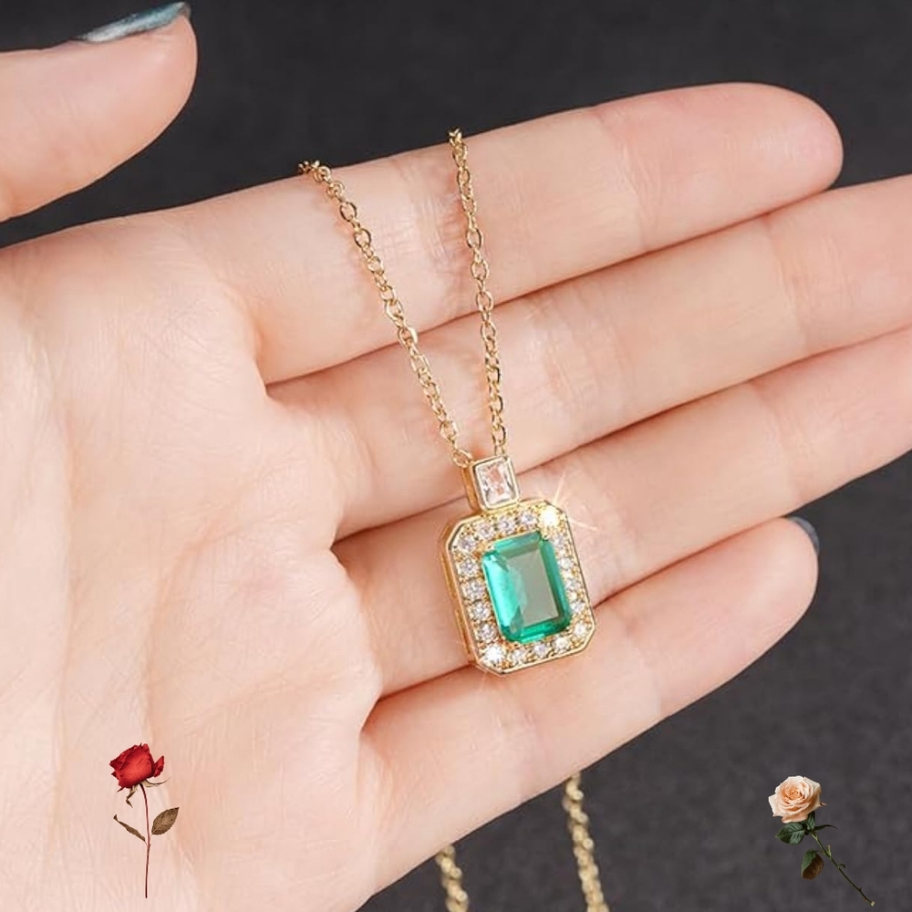 5ct Emerald-Cut Green Cubic Zirconia Micro Paved Halo Gold Tone Pendant Necklace - Picture 4 of 8